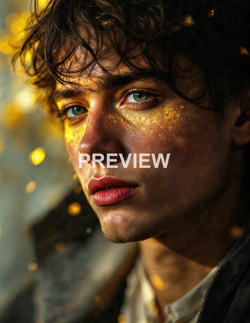 A young man with curly hair and striking blue eyes has golden glitter or paint on his face, creating a luminous effect that highlights his features.